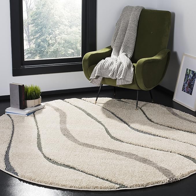 SAFAVIEH Florida Shag Collection Area Rug - 6'7" Round, Cream & Light Blue, Non-Shedding & Easy Care, 1.2-inch Thick Ideal for High Traffic Areas in Living Room, Bedroom (SG472-1160)