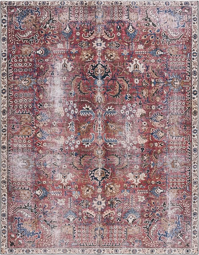 SAFAVIEH Washable Rug Tucson Collection - 8' x 10', Red & Beige, Slip Resistant & Easy to Clean, Ideal for Living Room, Bedroom, Dining Space (TSN174Q)