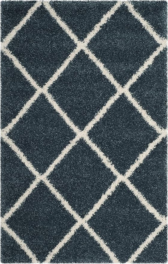 SAFAVIEH Hudson Shag Collection Accent Rug - 4' x 6', Slate Blue & Ivory, Trellis Design, Non-Shedding & Easy Care, 2-inch Thick Ideal for High Traffic Areas in Foyer, Living Room, Bedroom (SGH281L)