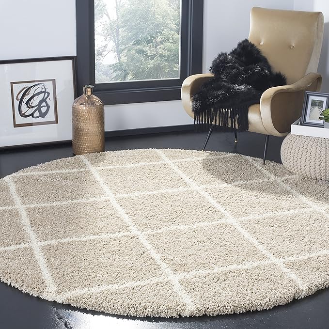 SAFAVIEH Hudson Shag Collection 7' Round Beige/Ivory SGH281S Modern Diamond Trellis Non-Shedding Living Room Bedroom Dining Room Entryway Plush 2-inch Thick Area Rug
