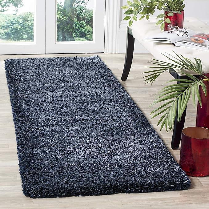 SAFAVIEH Santa Monica Shag Collection Runner - 2'3" x 9', Navy, Solid Design, Non-Shedding & Easy Care, 2-inch Thick, Ideal for The Living Room, Dining, Bedroom (SGN725)