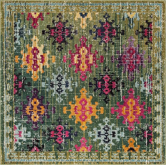 SAFAVIEH Monaco Collection Area Rug - 6'7" Square, Green & Multi, Boho Diamond Trellis Design, Non-Shedding & Easy Care, Ideal for High Traffic Areas in Living Room, Bedroom (MNC244G)