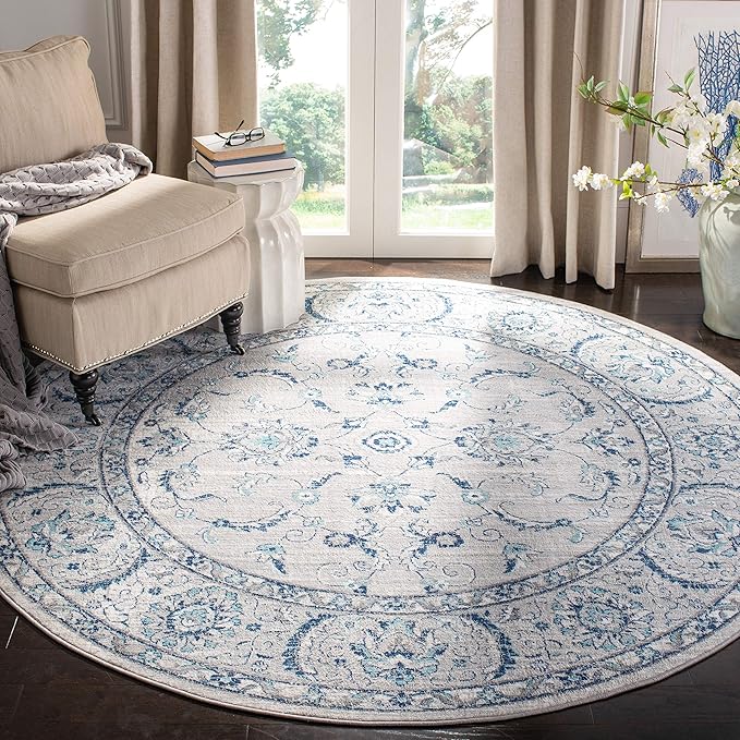 SAFAVIEH Brentwood Collection Area Rug - 6'7" Round, Light Grey & Blue, Oriental Floral Scroll Design, Non-Shedding & Easy Care, Ideal for High Traffic Areas in Living Room, Bedroom (BNT854G)