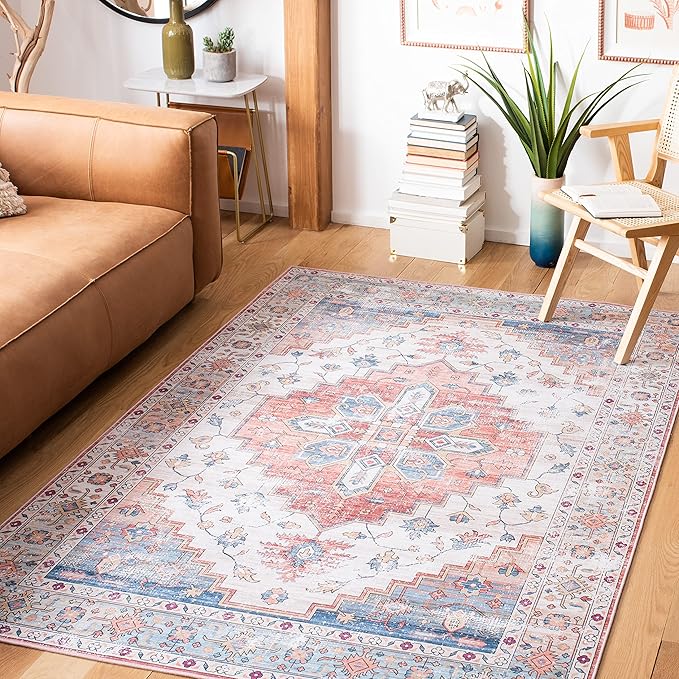 SAFAVIEH Washable Rug Tucson Collection - 5' x 8', Beige & Blue, Slip Resistant & Easy to Clean, Ideal for Living Room, Bedroom, Dining Space (TSN109B)