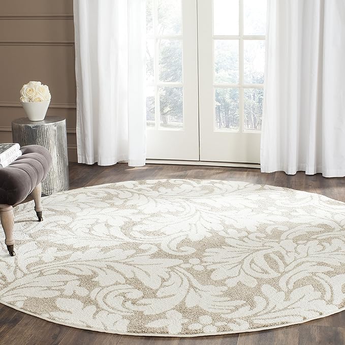 SAFAVIEH Amherst Collection 5' Round Wheat / Beige AMT425S Floral Non-Shedding Dining Room Entryway Foyer Living Room Bedroom Area Rug