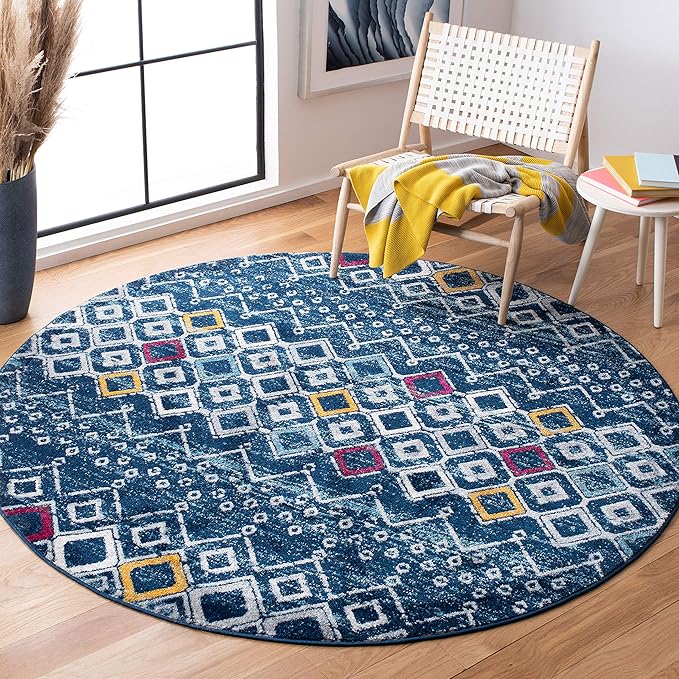 SAFAVIEH Amsterdam Collection 3' Round Navy/Turquoise AMS108M Moroccan Boho Non-Shedding Living Room Dining Bedroom Foyer Area Rug