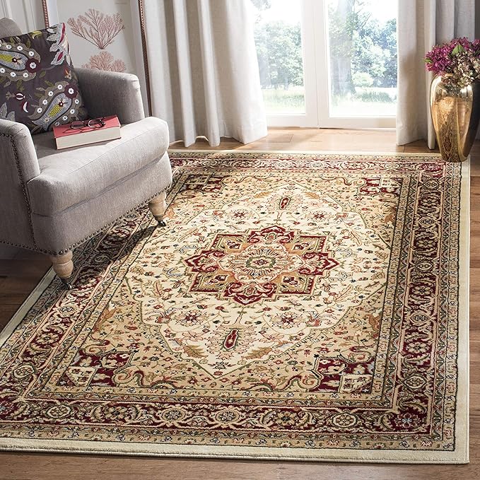 SAFAVIEH Lyndhurst Collection Area Rug - 5'3" Square, Ivory & Red, Traditional Oriental Design, Non-Shedding & Easy Care, Ideal for High Traffic Areas in Living Room, Bedroom (LNH330A)