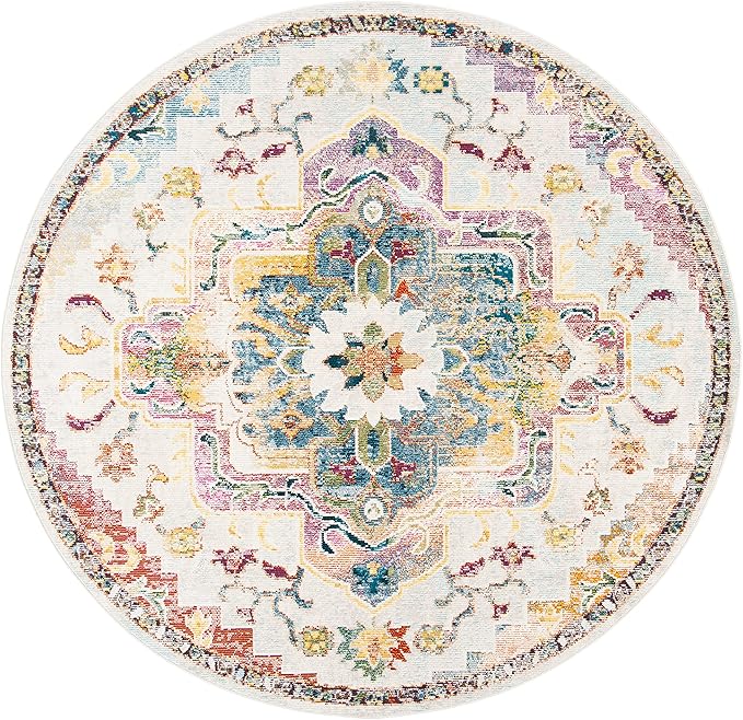 SAFAVIEH Crystal Collection 7' Round Light Blue/Grey CRS501M Boho Chic Oriental Medallion Distressed Non-Shedding Dining Room Entryway Foyer Living Room Bedroom Area Rug