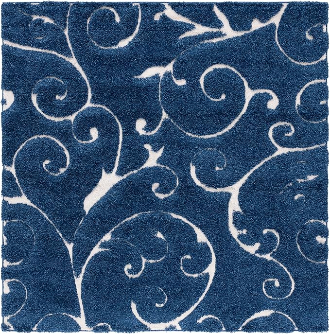 SAFAVIEH Florida Shag Collection Area Rug - 8' Square, Dark Blue & Cream, Scroll Design, Non-Shedding & Easy to Clean, High-Low Plush Pile, Ideal for Living Room, Bedroom, Dining Space (SG455-6511)