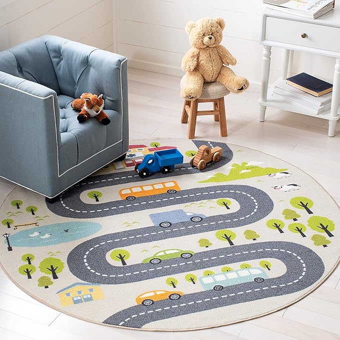 SAFAVIEH Washable Rug Kids Playhouse Collection - 6'7" Round, Beige & Green, Slip Resistant & Easy to Clean, Ideal for Kids Room, Playroom, Nursery, Boys & Girls Room (KPH227A)