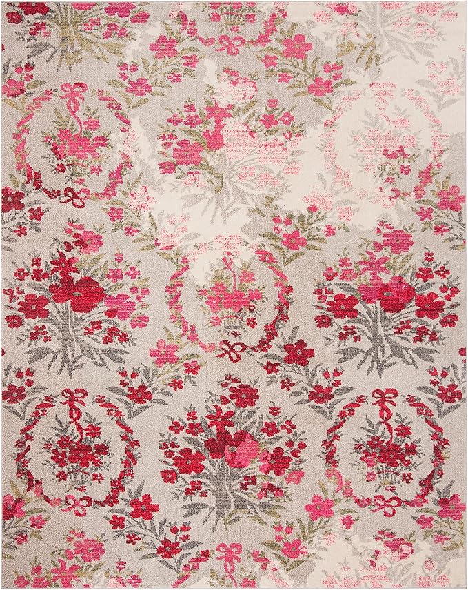 SAFAVIEH Monaco Collection 9' x 12' Ivory Pink MNC205R Floral Non-Shedding Living Room Bedroom Dining Home Office Area Rug