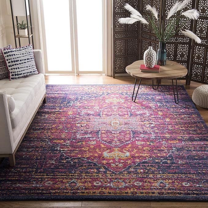 SAFAVIEH Evoke Collection Area Rug - 5'3" Square, Blue & Fuchsia, Oriental Medallion Distressed Design, Non-Shedding & Easy Care, Ideal for High Traffic Areas in Living Room, Bedroom (EVK275F)