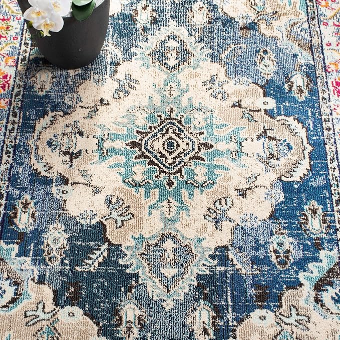 SAFAVIEH Monaco Collection Area Rug - 8' Round, Navy & Light Blue, Non-Shedding & Easy to Clean, Distressed Medallion Design, Ideal for Living Room, Bedroom, Dining Space (MNC243N)