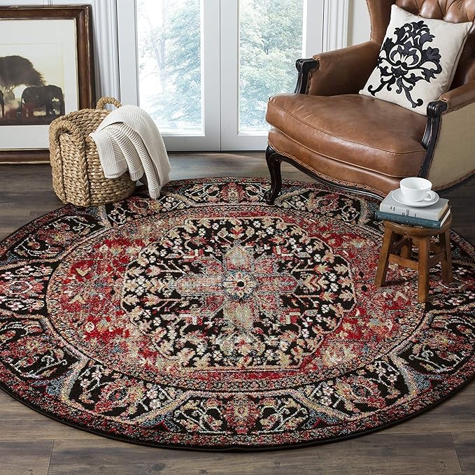 SAFAVIEH Vintage Hamadan Collection Area Rug - 5'3" Round, Red & Multi, Oriental Traditional Persian Design, Non-Shedding & Easy Care, Ideal for High Traffic Areas in Living Room, Bedroom (VTH215A)
