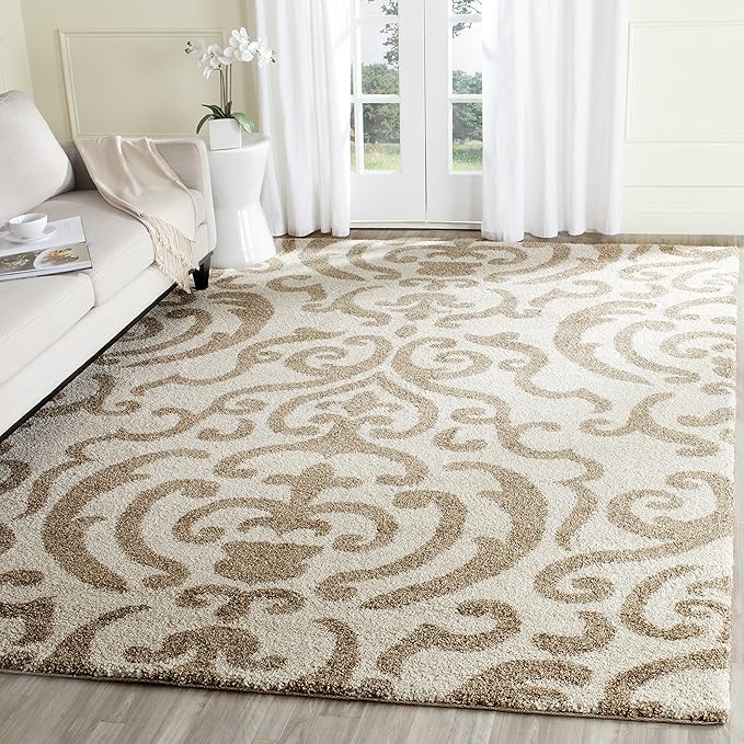 SAFAVIEH Florida Shag Collection Area Rug - 5'3" x 7'6", Cream & Beige, Damask Design, Non-Shedding & Easy Care, 1.2-inch Thick Ideal for High Traffic Areas in Living Room, Bedroom (SG462-1113)