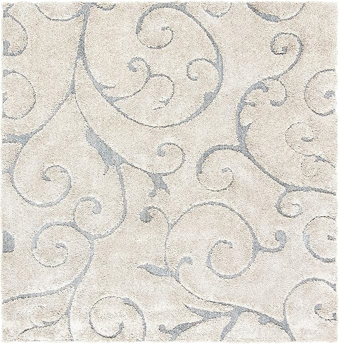 SAFAVIEH Florida Shag Collection Area Rug - 5' Square, Beige & Blue Grey, Scroll Design, Non-Shedding & Easy to Clean, High-Low Plush Pile, Ideal for Living Room, Bedroom, Dining Space (SG455-1155)