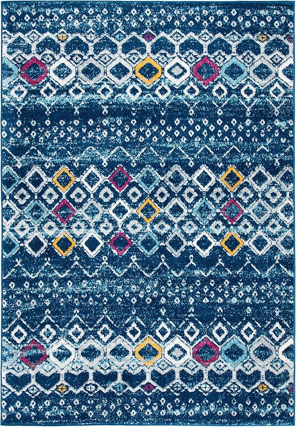 SAFAVIEH Amsterdam Collection Accent Rug - 2'3" x 4', Navy & Turquoise, Moroccan Boho Design, Non-Shedding & Easy Care, Ideal for High Traffic Areas in Entryway, Living Room, Bedroom (AMS108M)