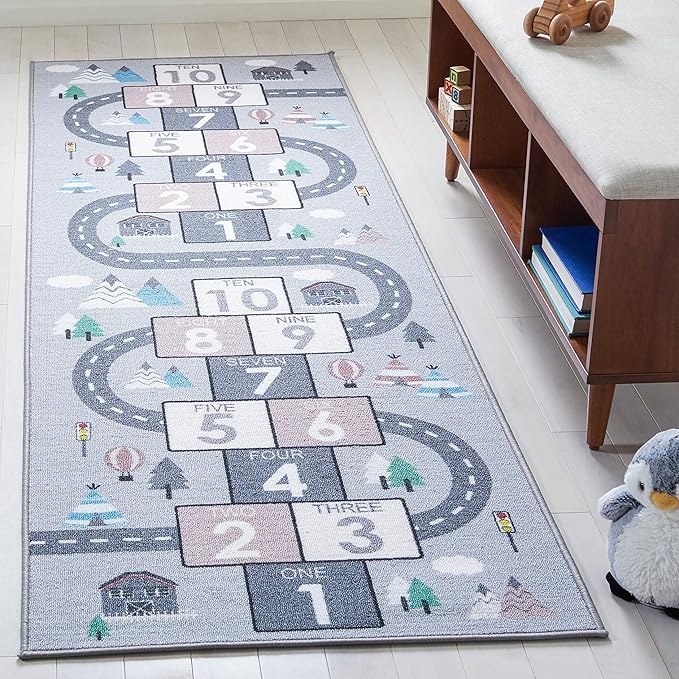 SAFAVIEH Washable Rug Kids Playhouse Collection - 2'2" x 6' Runner, Grey & Pink, Slip Resistant & Easy to Clean, Ideal for Kids Room, Playroom, Nursery, Boys & Girls Room (KPH226A)