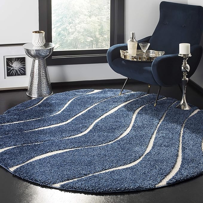 SAFAVIEH Florida Shag Collection Area Rug - 5' Round, Dark Blue & Cream, Non-Shedding & Easy Care, 1.2-inch Thick Ideal for High Traffic Areas in Living Room, Bedroom (SG472-6511)
