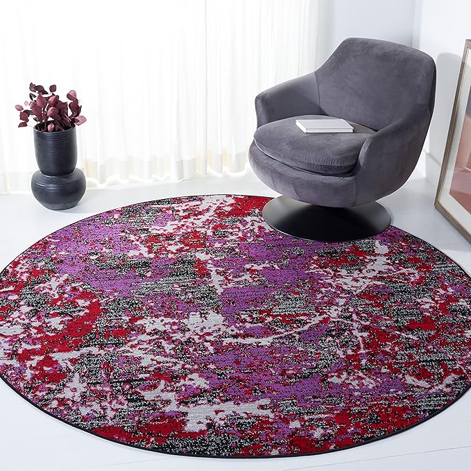 SAFAVIEH Skyler Collection 6'7" Round Black/Purple SKY186V Modern Abstract Non-Shedding Entryway Foyer Living Room Bedroom Kitchen Area Rug