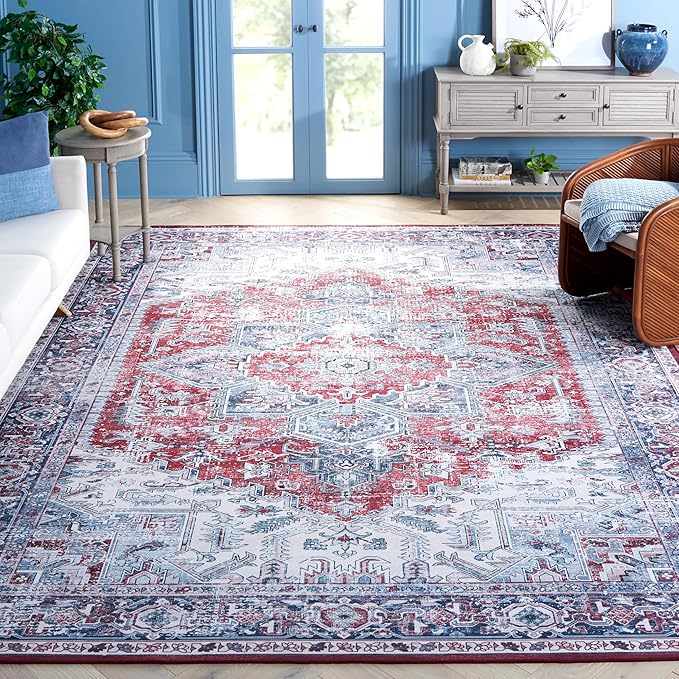 SAFAVIEH Washable Rug Tucson Collection - 8' x 10', Red & Navy, Slip Resistant & Easy to Clean, Ideal for Living Room, Bedroom, Dining Space (TSN101S)