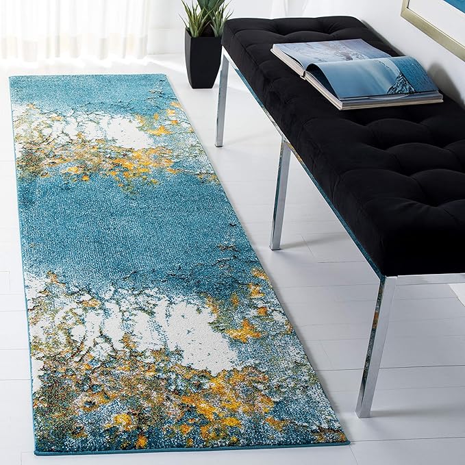 SAFAVIEH Glacier Collection 2'3" x 6' Blue/Gold GLA125M Modern Abstract Non-Shedding Living Room Entryway Foyer Hallway Bedroom Runner Rug