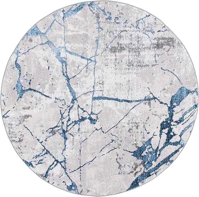 SAFAVIEH Amelia Collection 6'7" Round Grey/Blue ALA293F Damask Distressed Non-Shedding Dining Room Entryway Foyer Living Room Bedroom Area Rug