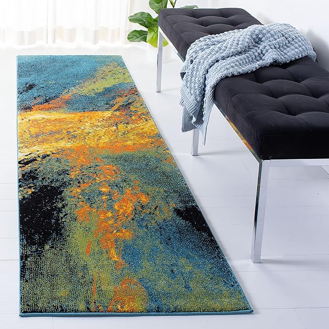 SAFAVIEH Galaxy Collection Runner Rug - 2'3" x 8', Blue & Yellow, Modern Abstract Design, Non-Shedding & Easy Care, Ideal for High Traffic Areas in Living Room, Bedroom (GAL117L)