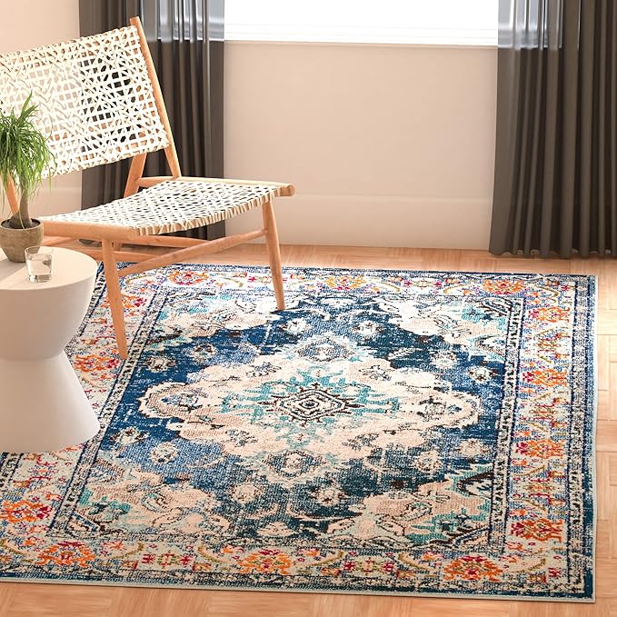 SAFAVIEH Monaco Collection Area Rug - 8' Round, Navy & Light Blue, Non-Shedding & Easy to Clean, Distressed Medallion Design, Ideal for Living Room, Bedroom, Dining Space (MNC243N)