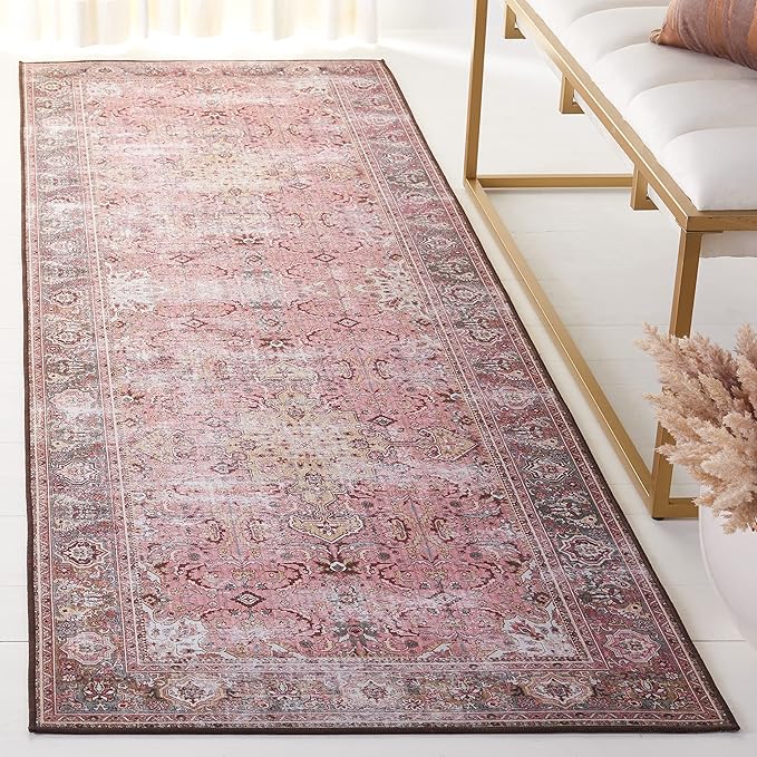 SAFAVIEH Washable Rug Tucson Collection - 2'6" x 6' Runner, Pink & Beige, Slip Resistant & Easy to Clean, Ideal for Hallway, Foyer, Entryway, Bedroom (TSN144U)