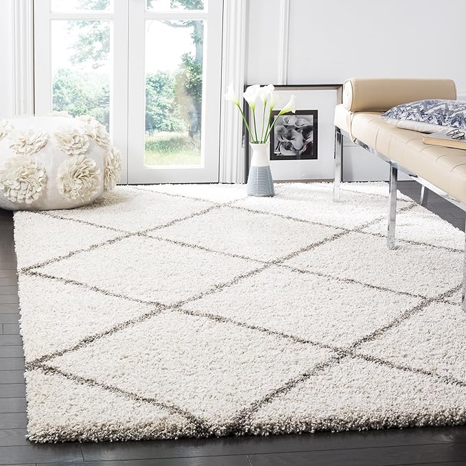 SAFAVIEH Hudson Shag Collection Area Rug - 5' Square, Ivory & Grey, Modern Trellis Design, Non-Shedding & Easy Care, 2-inch Thick Ideal for High Traffic Areas in Living Room, Bedroom (SGH281A)