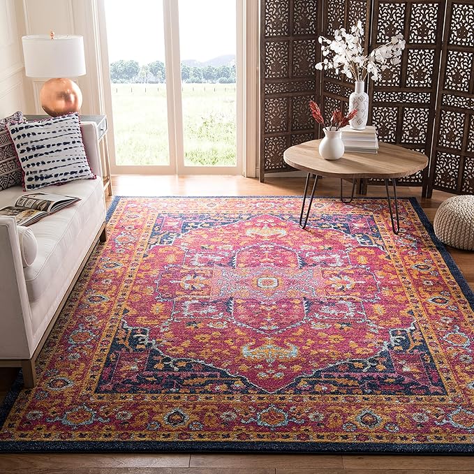 SAFAVIEH Evoke Collection 8' x 10' Fuchsia / Orange EVK275S Oriental Medallion Distressed Non-Shedding Living Room Bedroom Dining Home Office Area Rug