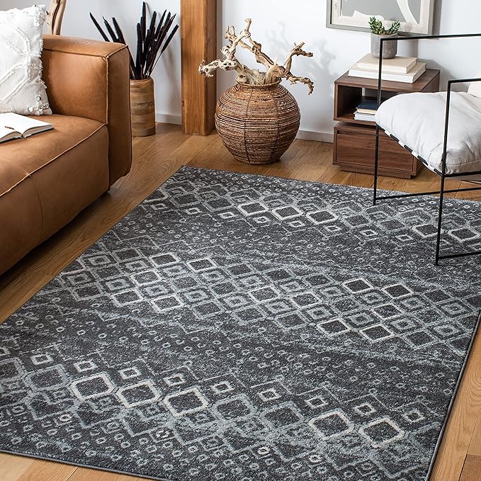 SAFAVIEH Amsterdam Collection Area Rug - 6'7" x 9'2", Dark Grey & Light Grey, Moroccan Boho Design, Non-Shedding & Easy Care, Ideal for High Traffic Areas in Living Room, Bedroom (AMS108J)