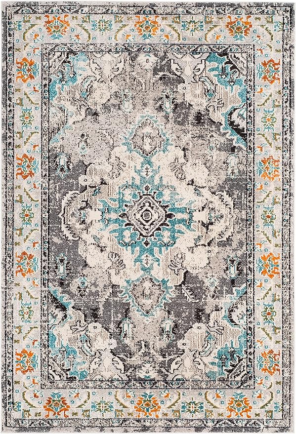SAFAVIEH Monaco Collection Area Rug - 10' x 14', Grey & Light Blue, Non-Shedding & Easy to Clean, Distressed Medallion Design, Ideal for Living Room, Bedroom, Dining Space (MNC243G)