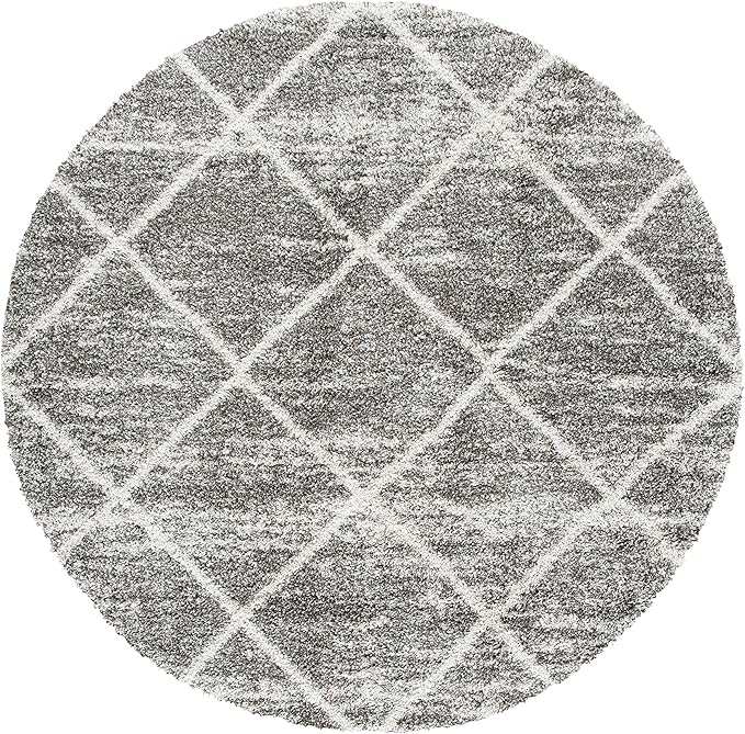 SAFAVIEH Hudson Shag Collection 7' Round Distressed Grey/Ivory SGH281K Moroccan Diamond Trellis Non-Shedding Living Room Bedroom 2-inch Thick Area Rug