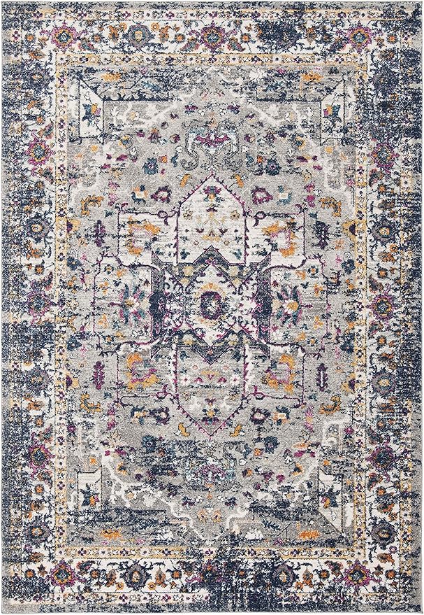 SAFAVIEH Evoke Collection Area Rug - 5'3" x 7'6", Grey & Navy, Oriental Medallion Distressed Design, Non-Shedding & Easy Care, Ideal for High Traffic Areas in Living Room, Bedroom (EVK275G)