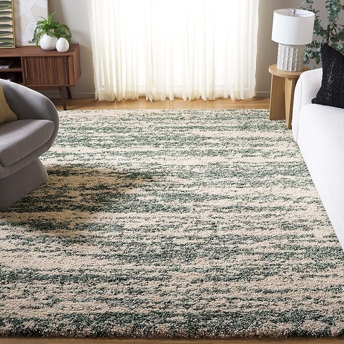 SAFAVIEH Hudson Shag Collection Area Rug - 10' x 14', Ivory/Green, Geometric Design, Plush 1.9 Inch Thick Ideal for High Traffic Areas in Living Room, Bedroom, Dining (SGH206Y)