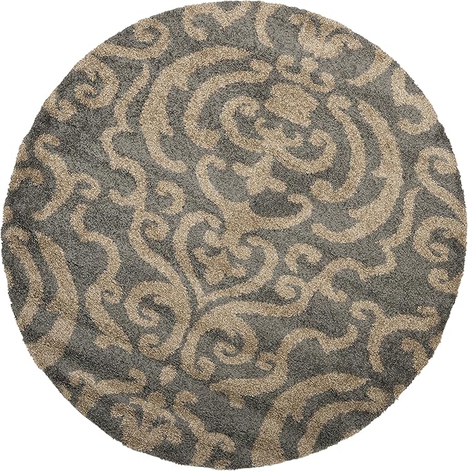 SAFAVIEH Florida Shag Collection 6'7" Round Grey/Beige SG462 Damask Non-Shedding Living Room Bedroom Dining Room Entryway Plush 1.2-inch Thick Area Rug