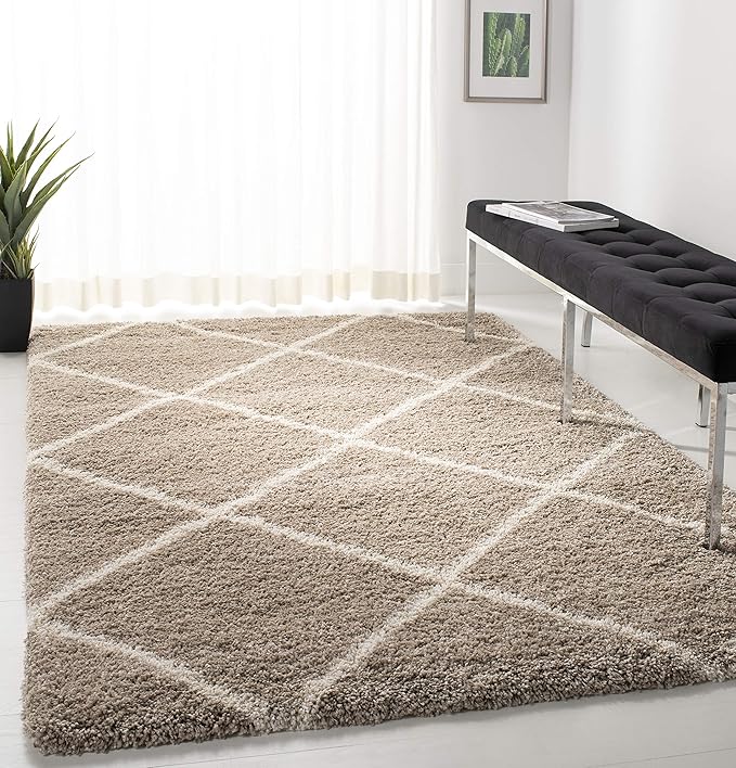 SAFAVIEH Hudson Shag Collection Area Rug - 6' x 9', Beige & Ivory, Modern Trellis Design, Non-Shedding & Easy Care, 2-inch Thick Ideal for High Traffic Areas in Living Room, Bedroom (SGH281S)