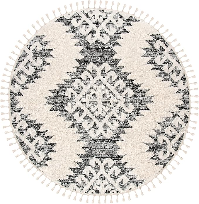 SAFAVIEH Moroccan Tassel Shag Collection Area Rug - 12' Round, Ivory & Grey, Boho Design, Non-Shedding & Easy Care, 2-inch Thick Ideal for High Traffic Areas in Living Room, Bedroom (MTS652F)