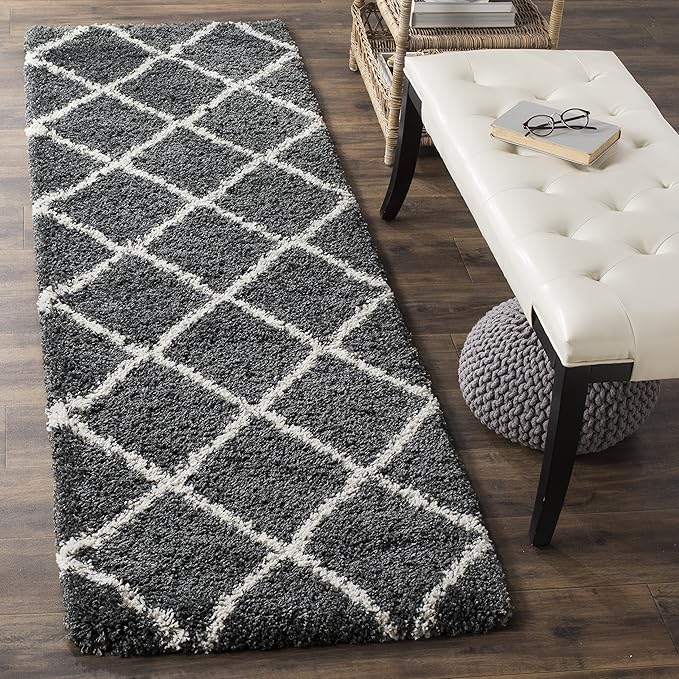 SAFAVIEH Hudson Shag Collection Runner Rug - 2'3" x 20', Dark Grey & Ivory, Modern Trellis Design, Non-Shedding & Easy Care, 2-inch Thick Ideal for High Traffic Areas in Living Room, Bedroom (SGH281G)