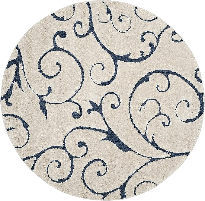 SAFAVIEH Florida Shag Collection Area Rug - 8' Round, Cream & Blue, Scroll Design, Non-Shedding & Easy to Clean, High-Low Plush Pile, Ideal for Living Room, Bedroom, Dining Space (SG455-1165)