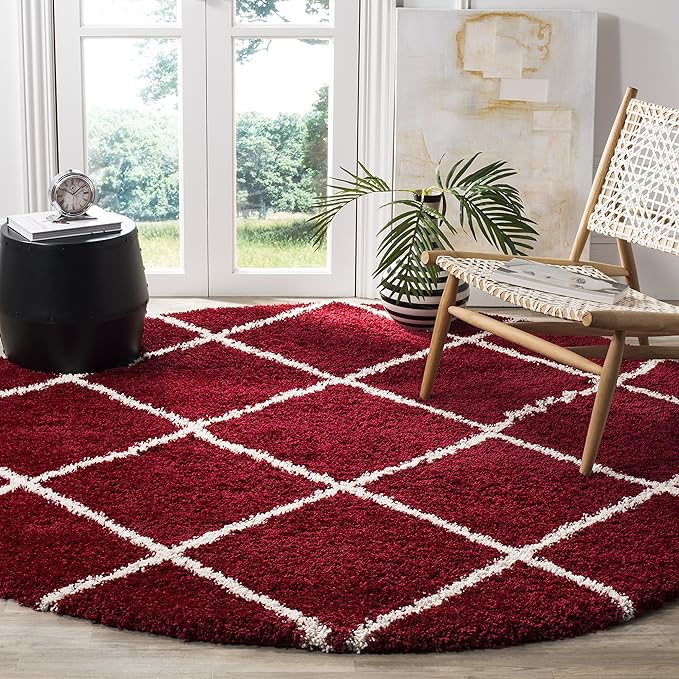 SAFAVIEH Hudson Shag Collection 3' Round Red / Ivory SGH281R Modern Diamond Trellis Non-Shedding Living Room Bedroom Dining Room Entryway Plush 2-inch Thick Area Rug