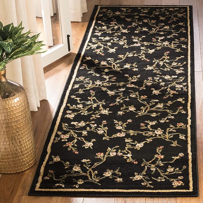 SAFAVIEH Lyndhurst Collection Runner Rug - 2'3" x 8', Black, Traditional Floral Design, Non-Shedding & Easy Care, Ideal for High Traffic Areas in Living Room, Bedroom (LNH220A)