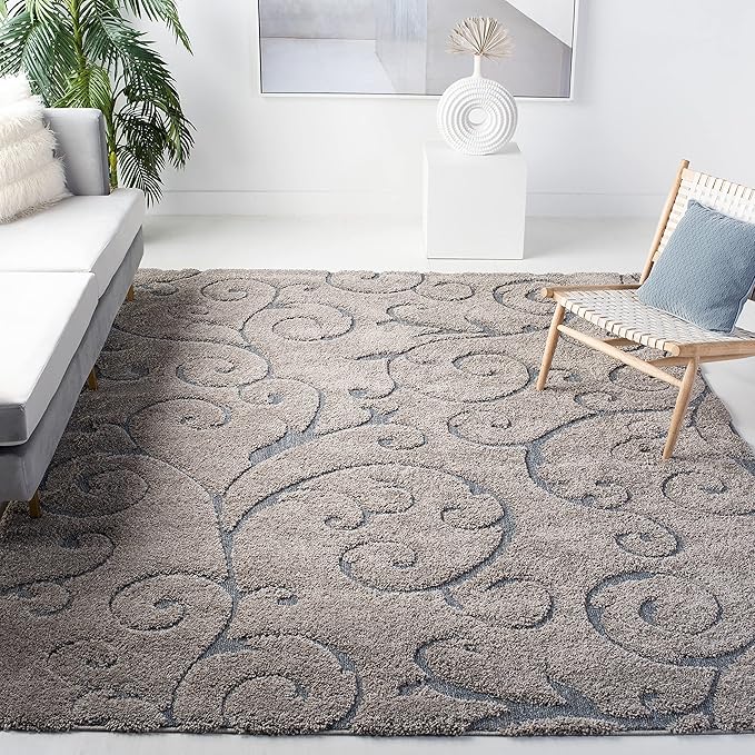 SAFAVIEH Florida Shag Collection Area Rug - 9'6" x 13', Grey & Light Blue, Scroll Design, Non-Shedding & Easy to Clean, High-Low Plush Pile, Ideal for Living Room, Bedroom, Dining Space (SG455-1160)