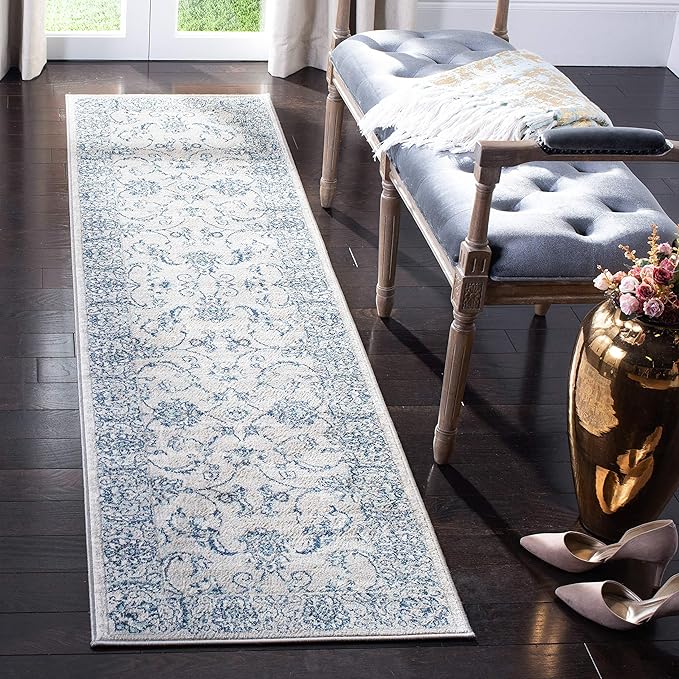 SAFAVIEH Brentwood Collection Runner Rug - 2' x 18', Light Grey & Blue, Oriental Floral Scroll Design, Non-Shedding & Easy Care, Ideal for High Traffic Areas in Living Room, Bedroom (BNT854G)