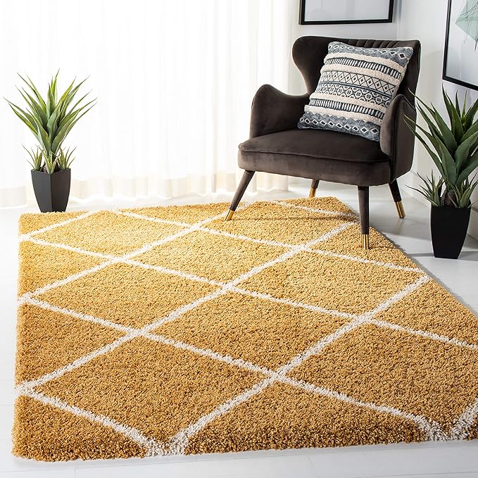 SAFAVIEH Hudson Shag Collection Accent Rug - 4' x 6', Gold & Ivory, Trellis Design, Non-Shedding & Easy Care, 2-inch Thick Ideal for High Traffic Areas in Entryway, Living Room, Bedroom (SGH281F)