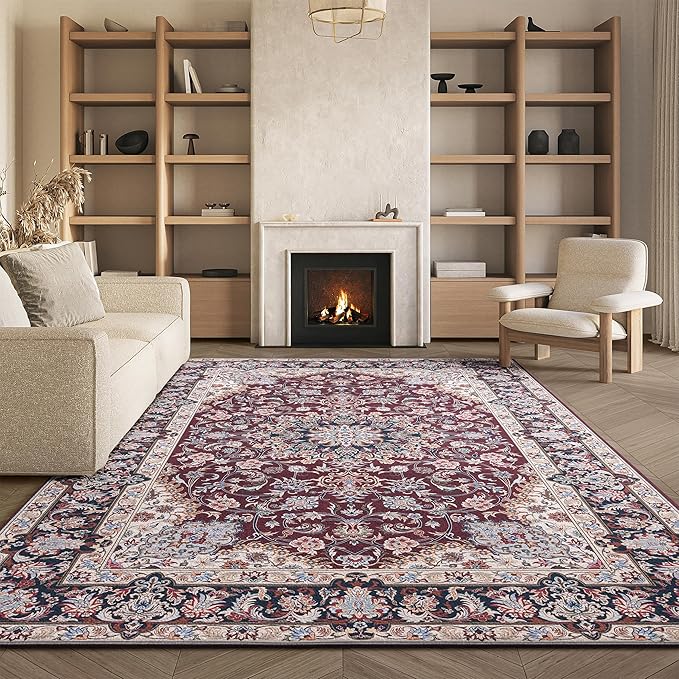 SAFAVIEH Washable Rug Tucson Collection - 8' x 10', Red & Navy, Slip Resistant & Easy to Clean, Ideal for Living Room, Bedroom, Dining Space (TSN135Q)