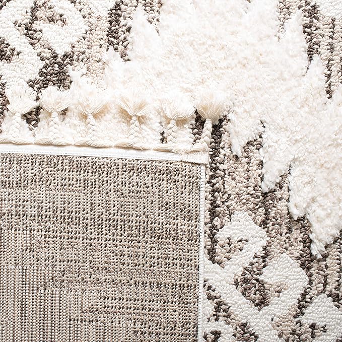 SAFAVIEH Moroccan Tassel Shag Collection Area Rug - 8' Round, Ivory & Brown, Boho Design, Non-Shedding & Easy Care, 2-inch Thick Ideal for High Traffic Areas in Living Room, Bedroom (MTS652A)