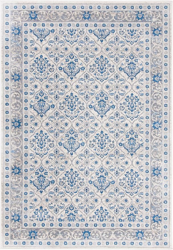 SAFAVIEH Brentwood Collection 4' x 6' Ivory/Blue BNT870A Oriental Damask Trellis Non-Shedding Living Room Bedroom Accent Rug